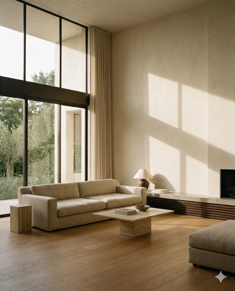 living room — full-height glazing, warm timber